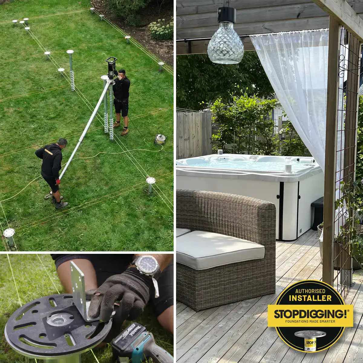 Authorised Stop Digging installer fitting ground screws for a residential deck and hot tub setup